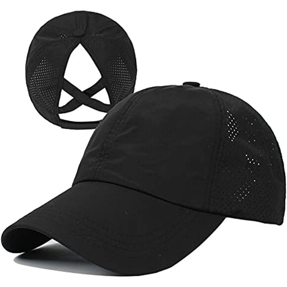 🆕Women Black Nylon Adjustable Ponytail Baseball Cap Quick Dry Sun Hat UV - Picture 1 of 6
